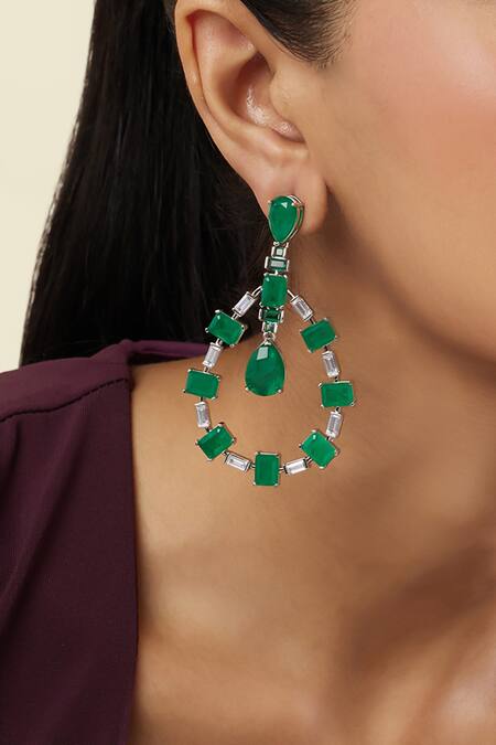 Buy_Isharya_Green Stones, Crystals Emerald Luxe Rhodium Plated Dangler Earrings _Online_at_Aza_Fashions