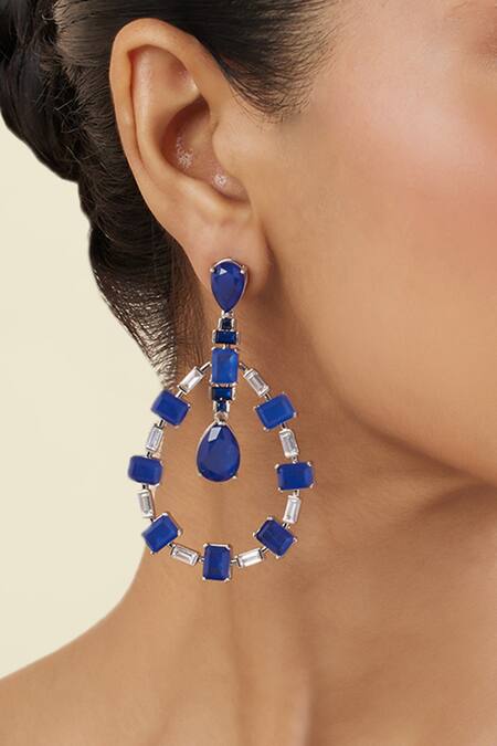Buy_Isharya_Blue Crystals, Stones Sapphire Luxe Rhodium Plated Dangler Earrings _Online_at_Aza_Fashions