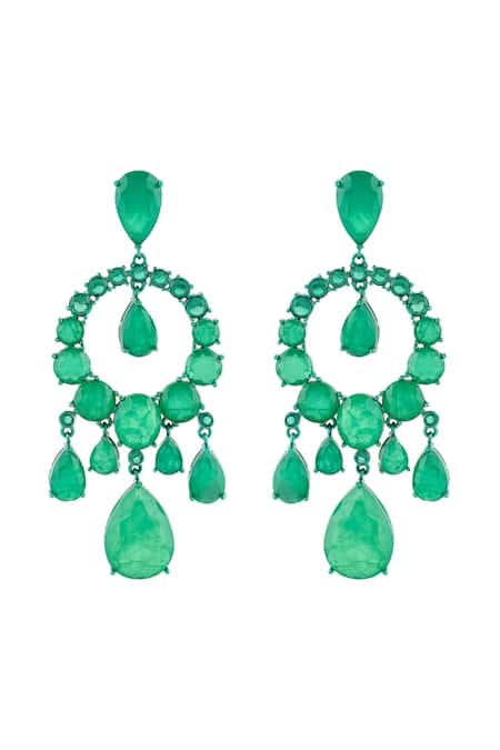 Shop Isharya Green Stones Emerald Elegance Rhodium Plated Moon Baalis at Aza Fashions Shop_Isharya_Green Stones Emerald Elegance Rhodium Plated Moon Baalis _at_Aza_Fashions