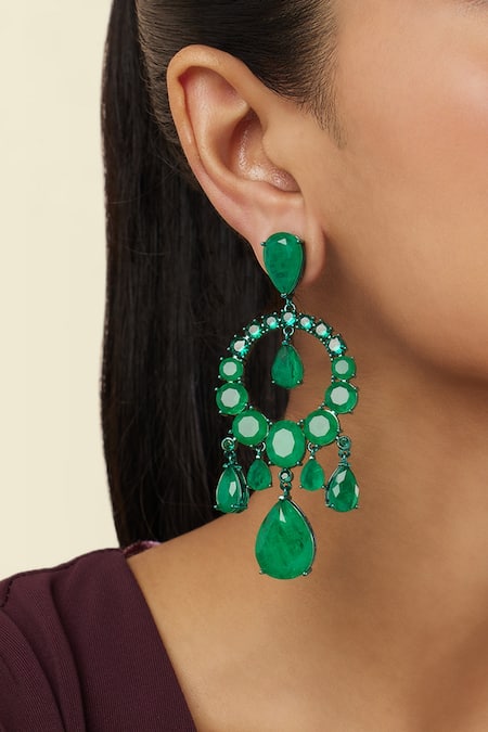 Shop Isharya Green Stones Emerald Elegance Rhodium Plated Moon Baalis Online at Aza Fashions Shop_Isharya_Green Stones Emerald Elegance Rhodium Plated Moon Baalis _Online_at_Aza_Fashions