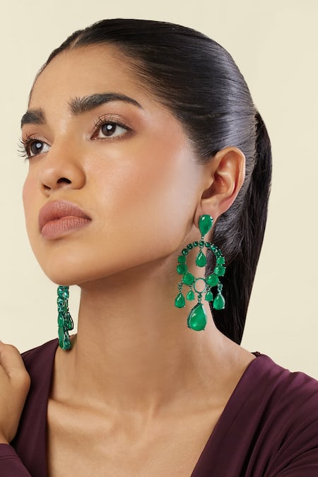 Isharya Green Stones Emerald Elegance Rhodium Plated Moon Baalis 