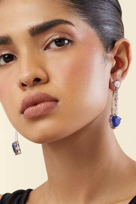 Shop_Isharya_Blue Crystals Sapphire Heart Luxe Rhodium Plated Danglers _Online_at_Aza_Fashions