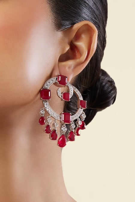 Shop_Isharya_Red Crystals, Stones Ruby Moon Luxe Rhodium Plated Baalis _Online_at_Aza_Fashions