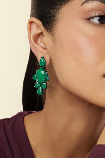 Shop_Isharya_Green Emerald Luxe Rhodium Plated Dangler Earrings_Online_at_Aza_Fashions