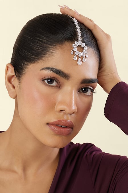 Shop_Isharya_White Celestial Radiance Rhodium Plated Maangtikka _Online_at_Aza_Fashions