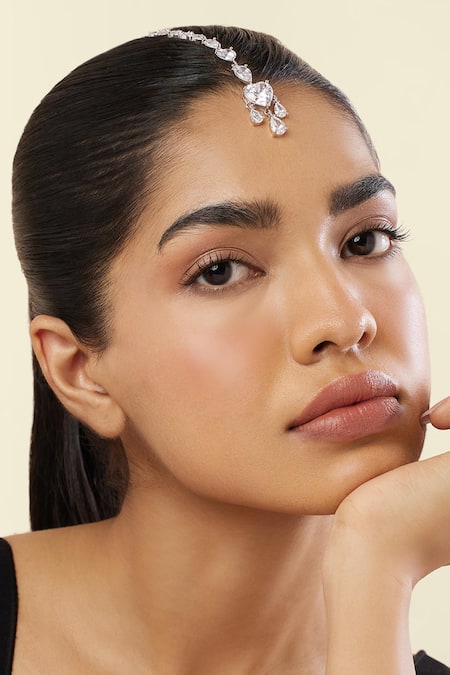 Shop Isharya White Opulent Luminescence Rhodium Plated Maangtikka Online at Aza Fashions Shop_Isharya_White Opulent Luminescence Rhodium Plated Maangtikka_Online_at_Aza_Fashions