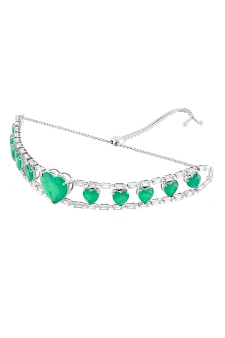 Isharya Green Emerald Rhodium Plated Heart Choker Necklace Online at Aza Fashions Isharya_Green Emerald Rhodium Plated Heart Choker Necklace _Online_at_Aza_Fashions