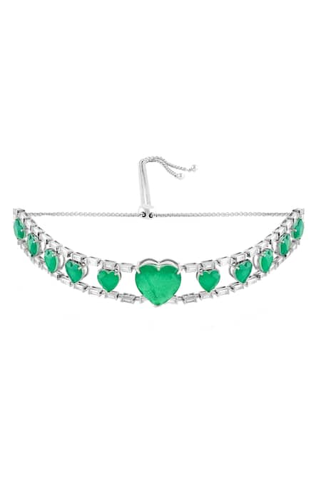 Isharya Emerald Rhodium Plated Heart Choker Necklace 