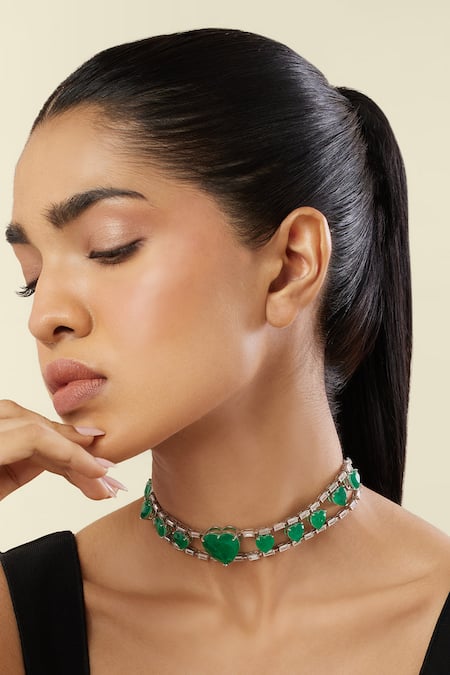 Isharya Green Emerald Rhodium Plated Heart Choker Necklace 