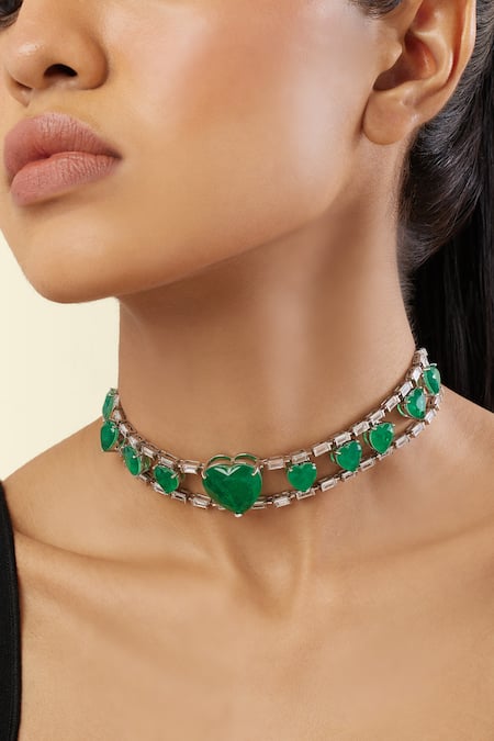 Shop Isharya Green Emerald Rhodium Plated Heart Choker Necklace Online at Aza Fashions Shop_Isharya_Green Emerald Rhodium Plated Heart Choker Necklace _Online_at_Aza_Fashions