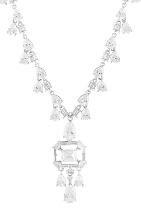 Isharya_White Timeless Elegance Rhodium Plated Long Necklace _Online_at_Aza_Fashions