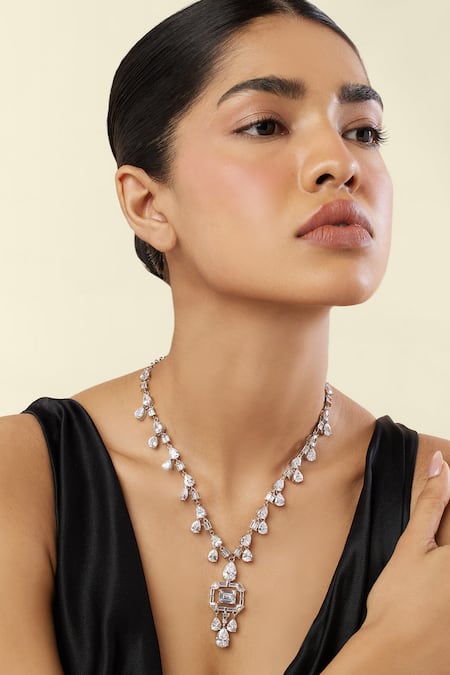 Isharya White Timeless Elegance Rhodium Plated Long Necklace 