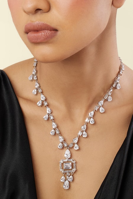 Shop_Isharya_White Timeless Elegance Rhodium Plated Long Necklace _Online_at_Aza_Fashions