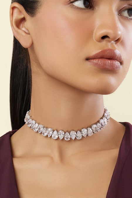 Shop_Isharya_White Elysian Choker Rhodium Plated Necklace _Online_at_Aza_Fashions