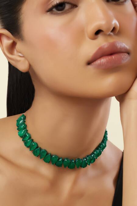 Buy_Isharya_Green Elysian Rhodium Plated Emerald Choker Necklace_Online_at_Aza_Fashions