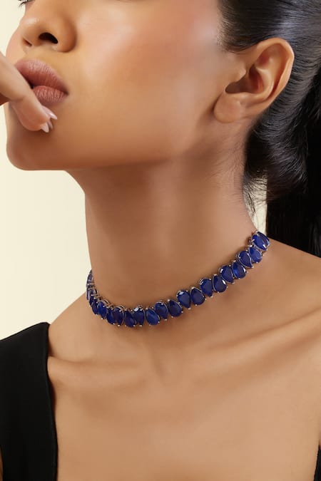 Buy Isharya Blue Elysian Sapphire Rhodium Plated Choker Necklace Online at Aza Fashions Buy_Isharya_Blue Elysian Sapphire Rhodium Plated Choker Necklace _Online_at_Aza_Fashions