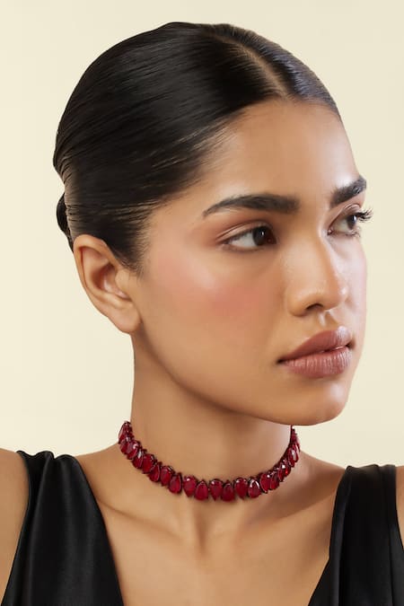 Isharya Red Elysian Ruby Rhodium Plated Choker Necklace 