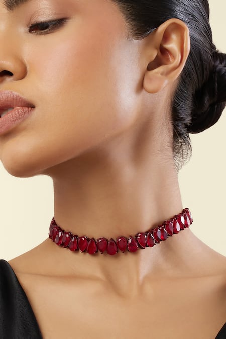 Isharya_Red Elysian Ruby Rhodium Plated Choker Necklace_Online_at_Aza_Fashions