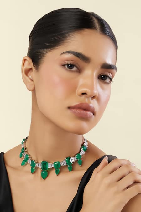 Isharya Green Emerald Celestial Luxe Rhodium Plated Choker Necklace 