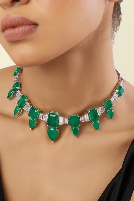 Isharya_Green Emerald Celestial Luxe Rhodium Plated Choker Necklace _Online_at_Aza_Fashions