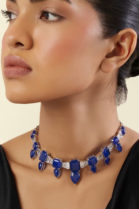 Isharya Blue Celestial Luxe Rhodium Plated Choker Necklace Online at Aza Fashions Isharya_Blue Celestial Luxe Rhodium Plated Choker Necklace _Online_at_Aza_Fashions