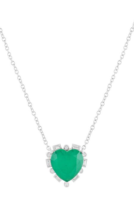 Isharya_Green Emerald Heart Pendant Rhodium Plated Necklace_Online_at_Aza_Fashions
