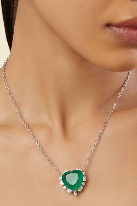 Buy_Isharya_Green Emerald Heart Pendant Rhodium Plated Necklace_Online_at_Aza_Fashions