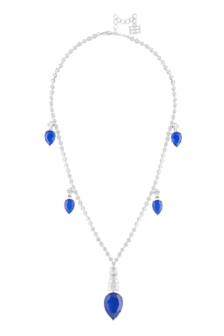 Shop_Isharya_Blue Sapphire Radiance Rhodium Plated Long Necklace _at_Aza_Fashions
