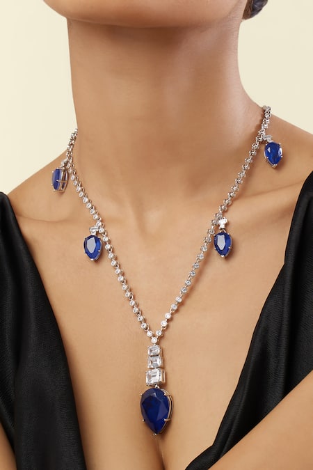 Buy_Isharya_Blue Sapphire Radiance Rhodium Plated Long Necklace _Online_at_Aza_Fashions