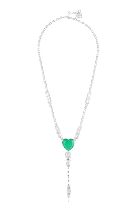 Shop Isharya Green Emerald Elegance Rhodium Plated Y Necklace at Aza Fashions Shop_Isharya_Green Emerald Elegance Rhodium Plated Y Necklace _at_Aza_Fashions