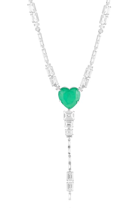 Isharya Green Emerald Elegance Rhodium Plated Y Necklace Online at Aza Fashions Isharya_Green Emerald Elegance Rhodium Plated Y Necklace _Online_at_Aza_Fashions