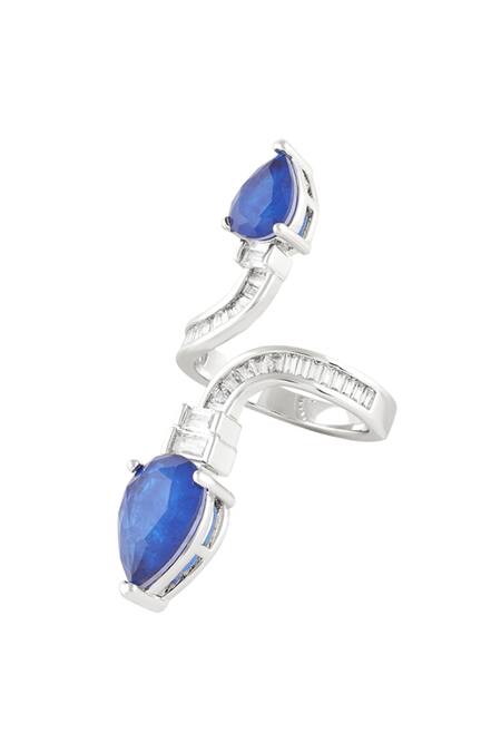 Isharya_Blue Crystals, Gemstones Celestial Sapphire Statement Rhodium Plated Ring _Online_at_Aza_Fashions