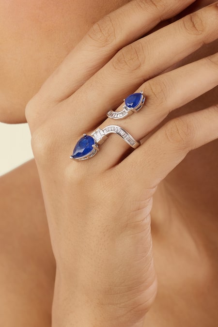 Shop_Isharya_Blue Crystals, Gemstones Celestial Sapphire Statement Rhodium Plated Ring _Online_at_Aza_Fashions