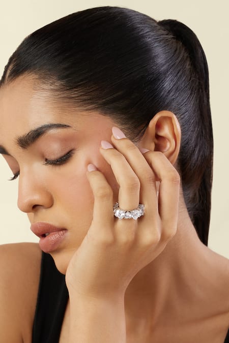 Shop_Isharya_White Crystals Eternal Elegance Infinity Rhodium Plated Band Ring_Online_at_Aza_Fashions