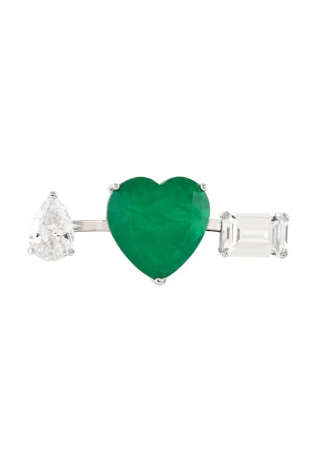 Shop Isharya Green Imitation Gemstones Dual Heart Emerald Rhodium Plated Ring at Aza Fashions Shop_Isharya_Green Imitation Gemstones Dual Heart Emerald Rhodium Plated Ring _at_Aza_Fashions