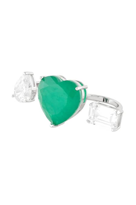 Isharya Green Imitation Gemstones Dual Heart Emerald Rhodium Plated Ring Online at Aza Fashions Isharya_Green Imitation Gemstones Dual Heart Emerald Rhodium Plated Ring _Online_at_Aza_Fashions