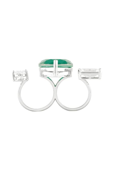 Buy Isharya Green Imitation Gemstones Dual Heart Emerald Rhodium Plated Ring Online at Aza Fashions Buy_Isharya_Green Imitation Gemstones Dual Heart Emerald Rhodium Plated Ring _Online_at_Aza_Fashions