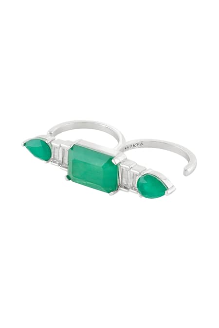 Shop Isharya Green Gemstones, Crystals Emerald Embrace Rhodium Plated Two-finger Ring at Aza Fashions Shop_Isharya_Green Gemstones, Crystals Emerald Embrace Rhodium Plated Two-finger Ring _at_Aza_Fashions
