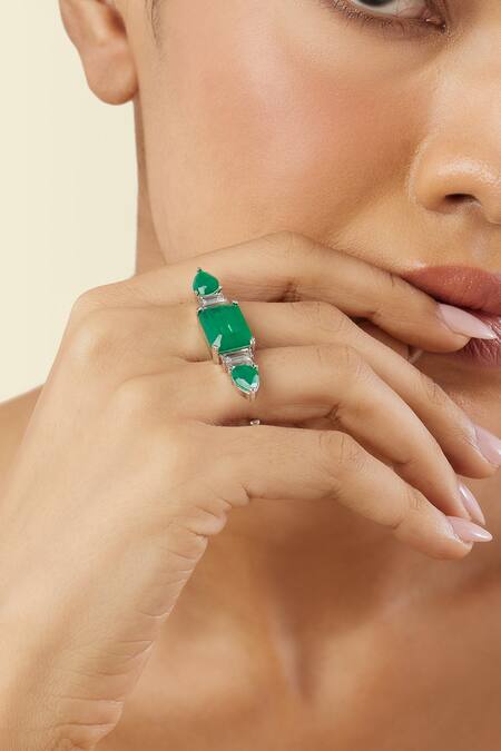 Shop Isharya Green Gemstones, Crystals Emerald Embrace Rhodium Plated Two-finger Ring Online at Aza Fashions Shop_Isharya_Green Gemstones, Crystals Emerald Embrace Rhodium Plated Two-finger Ring _Online_at_Aza_Fashions