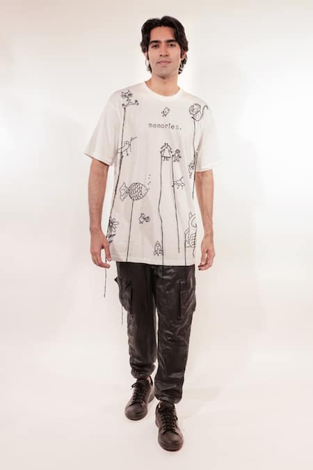 Shop Jubinav Chadha White Cotton Embroidery Kantha Doodle T-shirt Online at Aza Fashions Shop_Jubinav Chadha_White Cotton Embroidery Kantha Doodle T-shirt _Online_at_Aza_Fashions