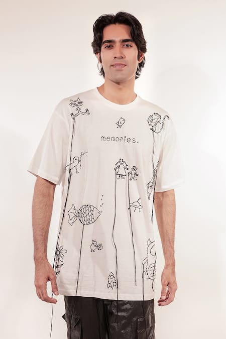 Jubinav Chadha White Cotton Embroidery Kantha Doodle T-shirt
