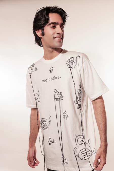Buy Jubinav Chadha White Cotton Embroidery Kantha Doodle T-shirt Buy_Jubinav Chadha_White Cotton Embroidery Kantha Doodle T-shirt