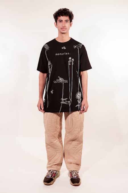 Jubinav Chadha Black Cotton Embroidery Kantha Doodle T-shirt Online at Aza Fashions Jubinav Chadha_Black Cotton Embroidery Kantha Doodle T-shirt _Online_at_Aza_Fashions