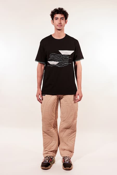 Jubinav Chadha Black Cotton Embroidery Origami Boat And Waves T-shirt Online at Aza Fashions Jubinav Chadha_Black Cotton Embroidery Origami Boat And Waves T-shirt _Online_at_Aza_Fashions