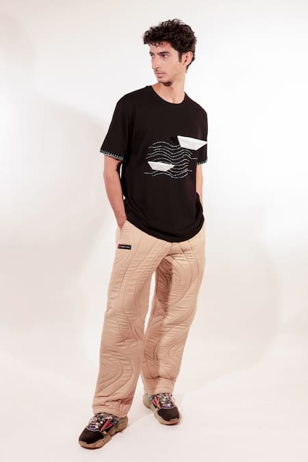 Buy Jubinav Chadha Black Cotton Embroidery Origami Boat And Waves T-shirt Online at Aza Fashions Buy_Jubinav Chadha_Black Cotton Embroidery Origami Boat And Waves T-shirt _Online_at_Aza_Fashions