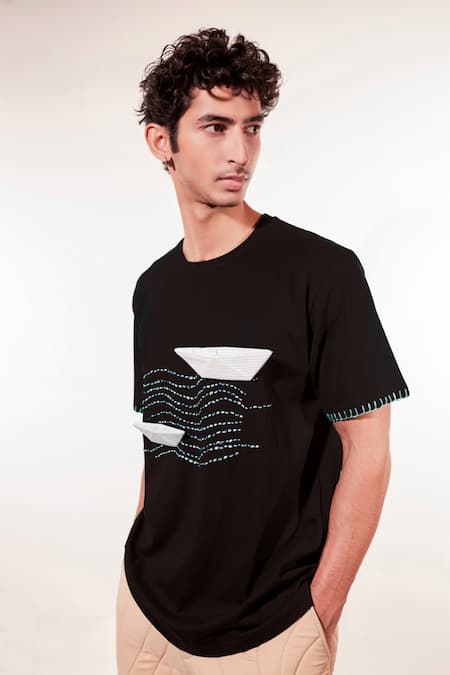 Shop Jubinav Chadha Black Cotton Embroidery Origami Boat And Waves T-shirt Online at Aza Fashions Shop_Jubinav Chadha_Black Cotton Embroidery Origami Boat And Waves T-shirt _Online_at_Aza_Fashions