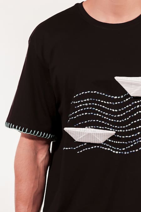 Jubinav Chadha Black Cotton Embroidery Origami Boat And Waves T-shirt at Aza Fashions Jubinav Chadha_Black Cotton Embroidery Origami Boat And Waves T-shirt _at_Aza_Fashions
