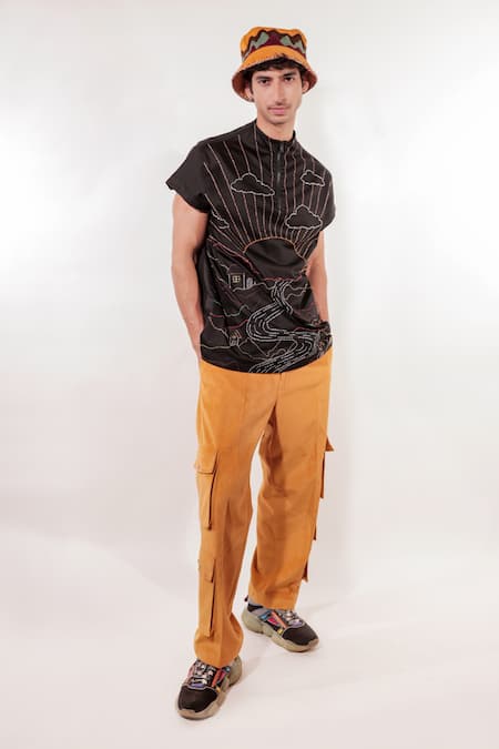 Jubinav Chadha_Black Cotton, Lycra Embroidery Kantha Landscape T-shirt _Online_at_Aza_Fashions
