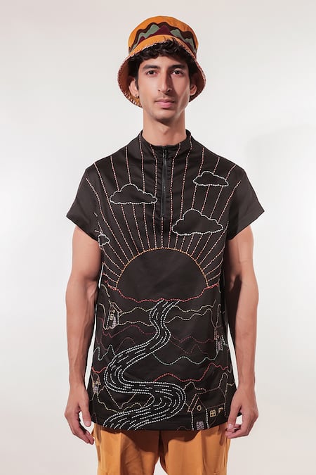 Shop_Jubinav Chadha_Black Cotton, Lycra Embroidery Kantha Landscape T-shirt _Online_at_Aza_Fashions