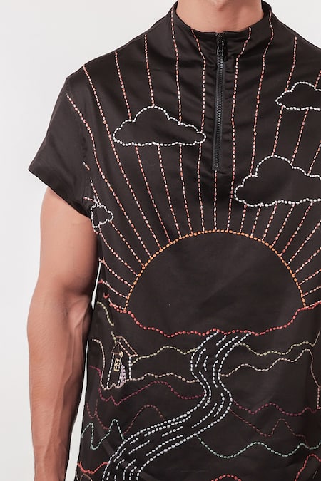 Jubinav Chadha_Black Cotton, Lycra Embroidery Kantha Landscape T-shirt _at_Aza_Fashions